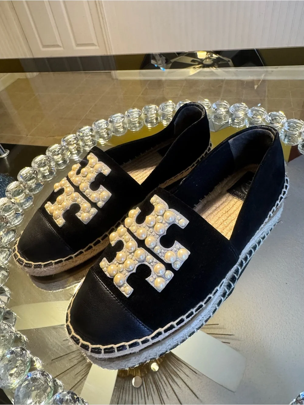 Tory Burch Black Suede & Leather Espadrilles with Pearl-Embellished Logo. Sz 5